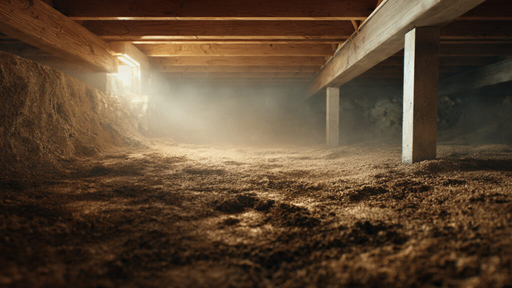 Vapor barrier basement system installed in a US crawl space to prevent moisture, mold, and structural damage